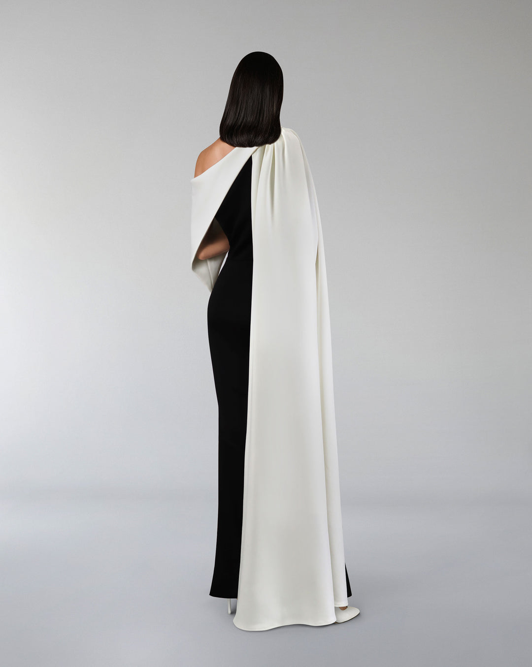 Bicolour column dress with asymmetrical neckline and side cape-Lettice