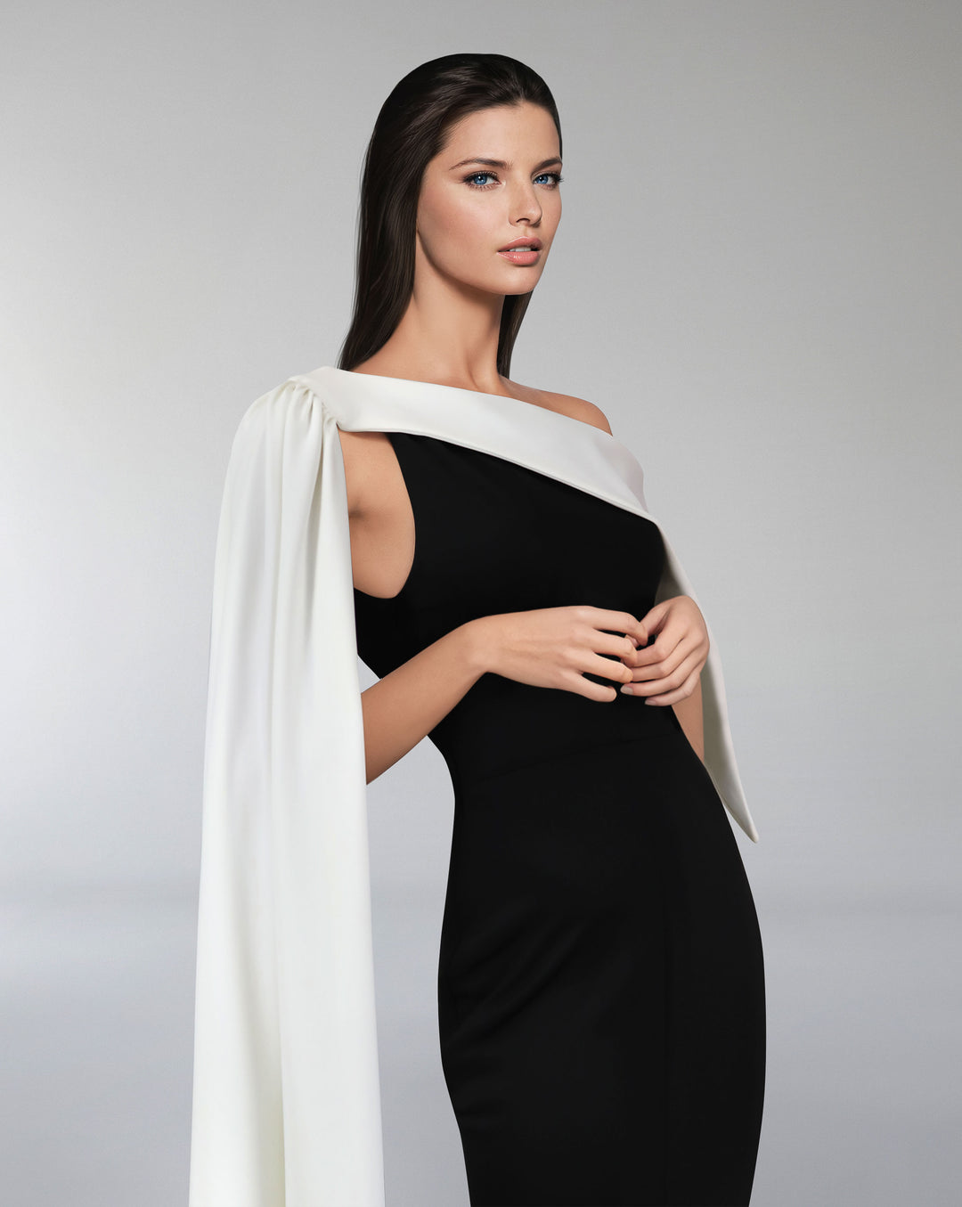 Bicolour column dress with asymmetrical neckline and side cape-Lettice