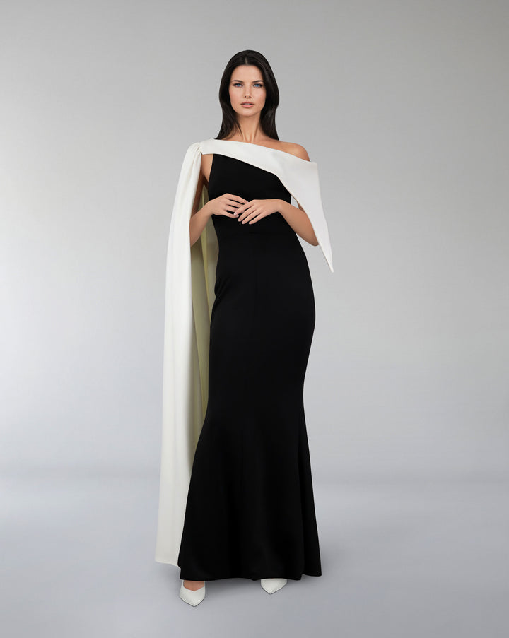 Bicolour column dress with asymmetrical neckline and side cape-Lettice