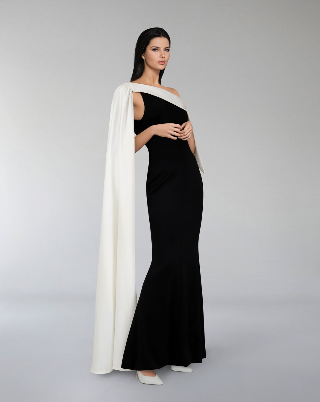 Bicolour column dress with asymmetrical neckline and side cape-Lettice