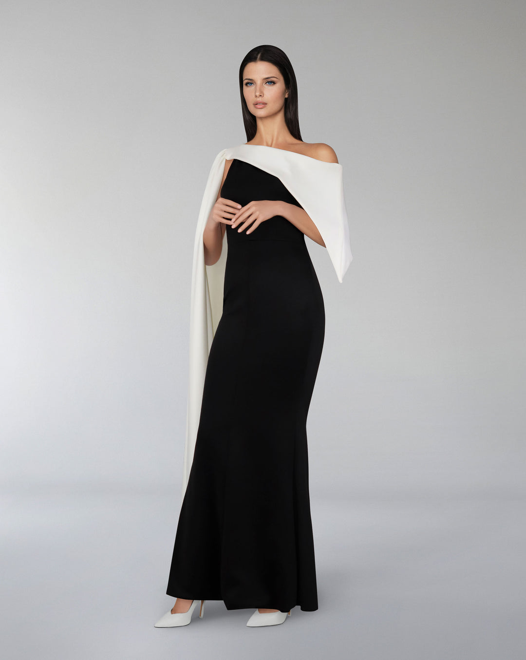 Bicolour column dress with asymmetrical neckline and side cape-Lettice