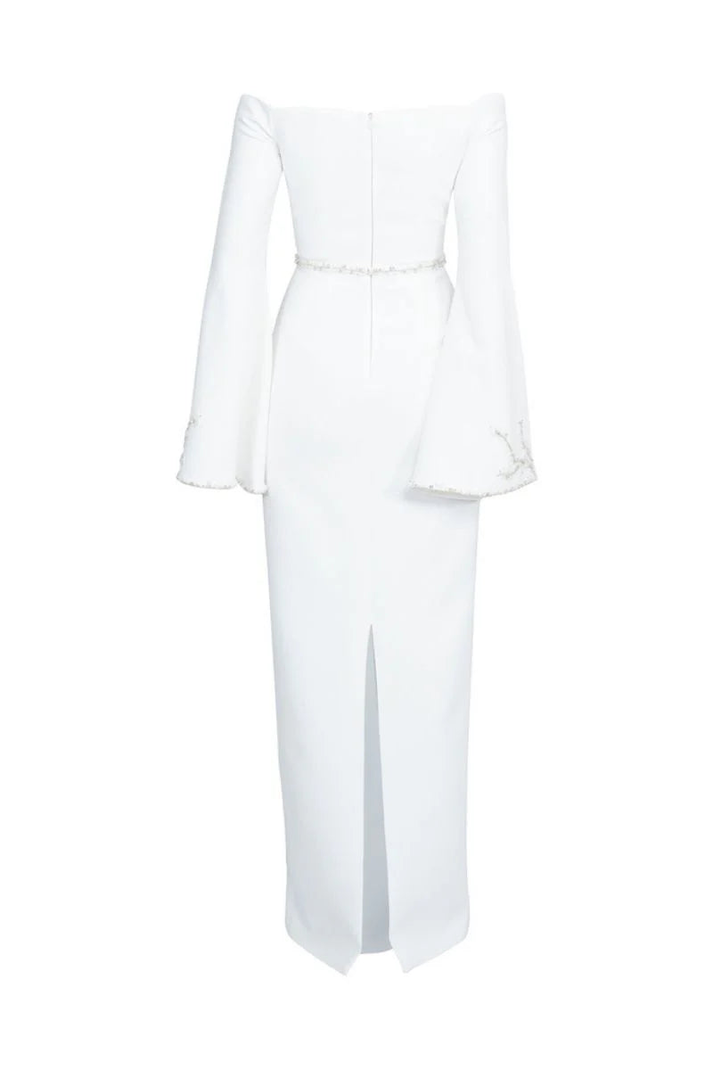 off-shoulder column gown with flared embellished sleeves – IVORYE