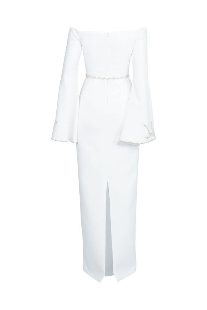 off-shoulder column gown with flared embellished sleeves – IVORYE