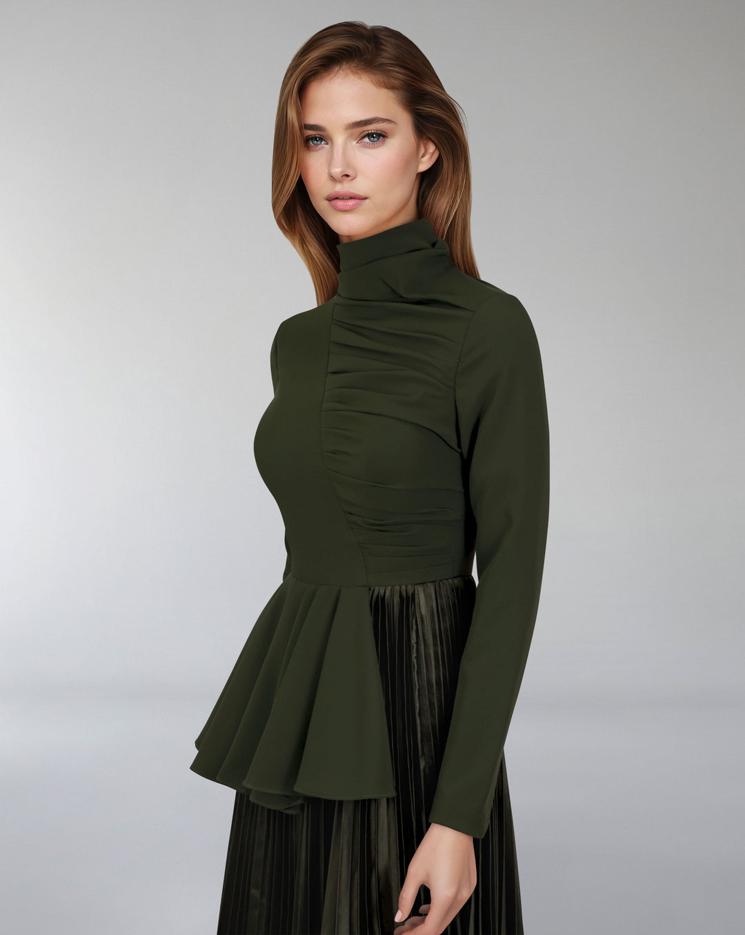 Asymmetrical pleated dress with waistband ruffle-Tetty