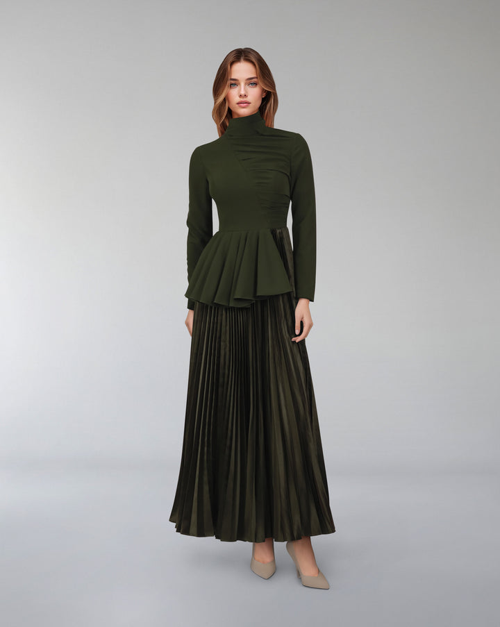 Asymmetrical pleated dress with waistband ruffle-Tetty