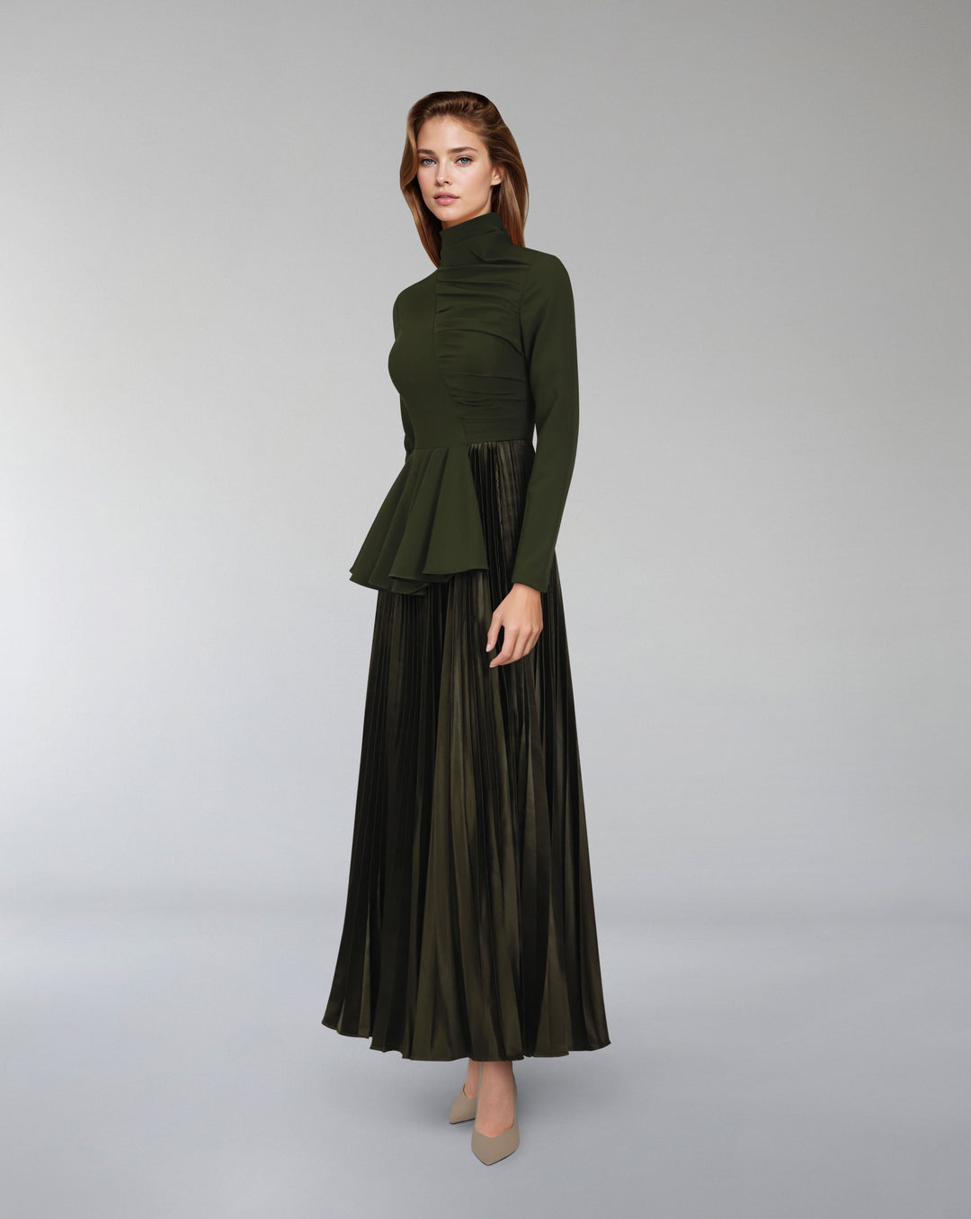 Asymmetrical pleated dress with waistband ruffle-Tetty