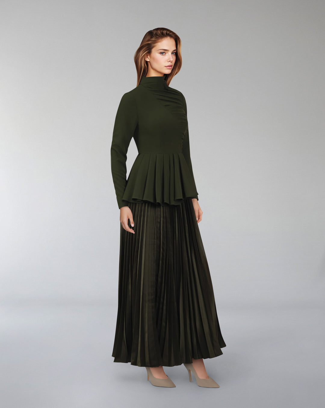 Asymmetrical pleated dress with waistband ruffle-Tetty