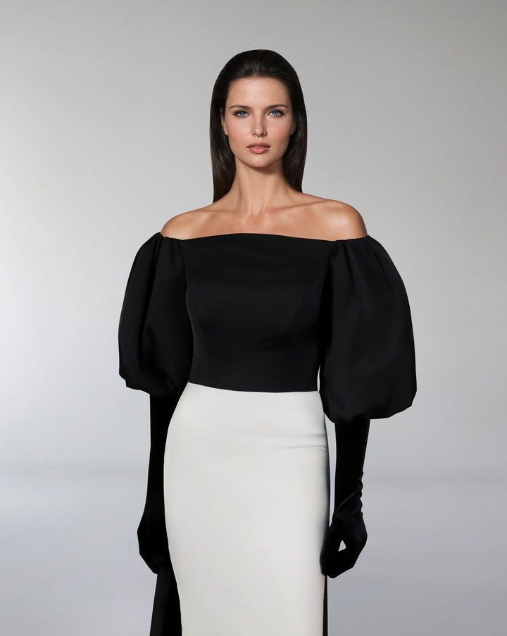 Shoulders off bicolour dress with puffed sleeves and gloves - LOLAH