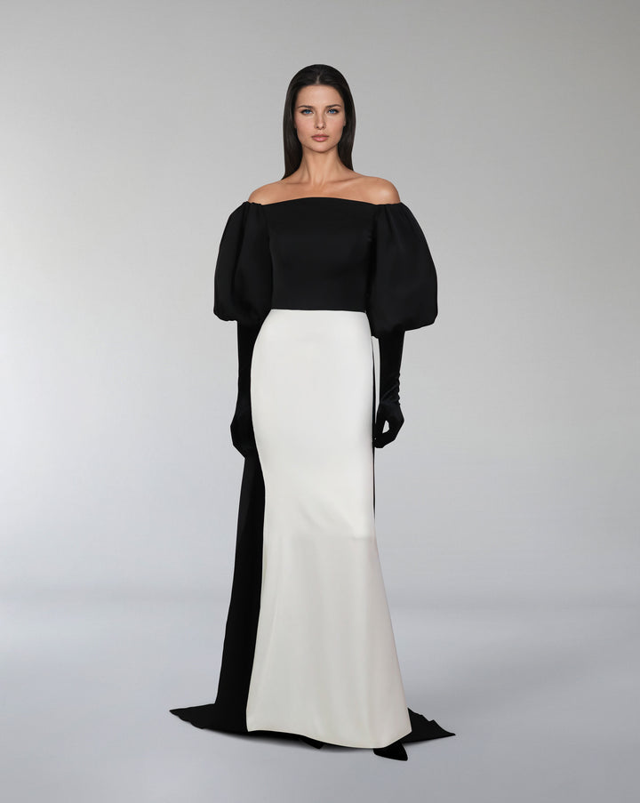 Shoulders off bicolour dress with puffed sleeves and gloves