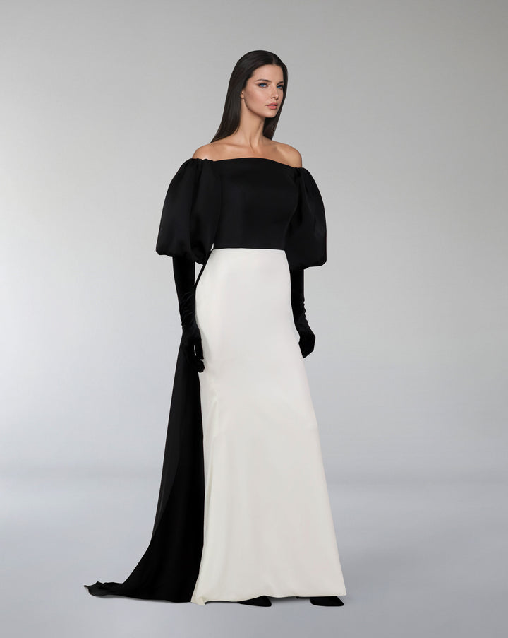 Shoulders off bicolour dress with puffed sleeves and gloves - LOLAH