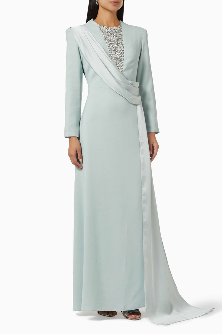 long-sleeve gown with embellished illusion neckline & draped sash – RHEA