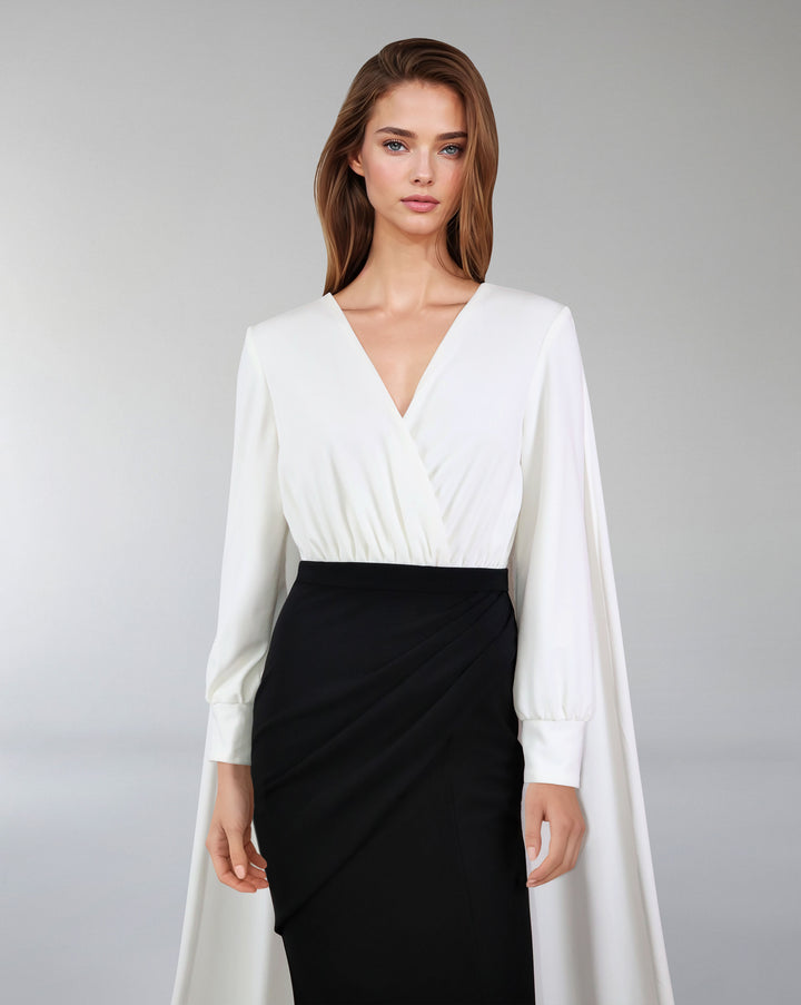 Black & white V-neckline dress with shoulder trains-Amarra