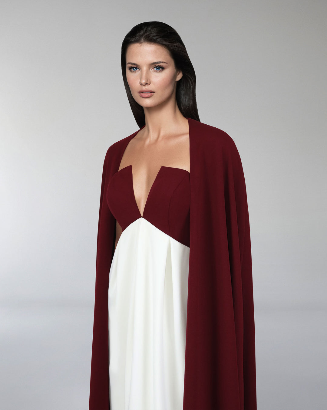 V neckline column dress with maxi cape