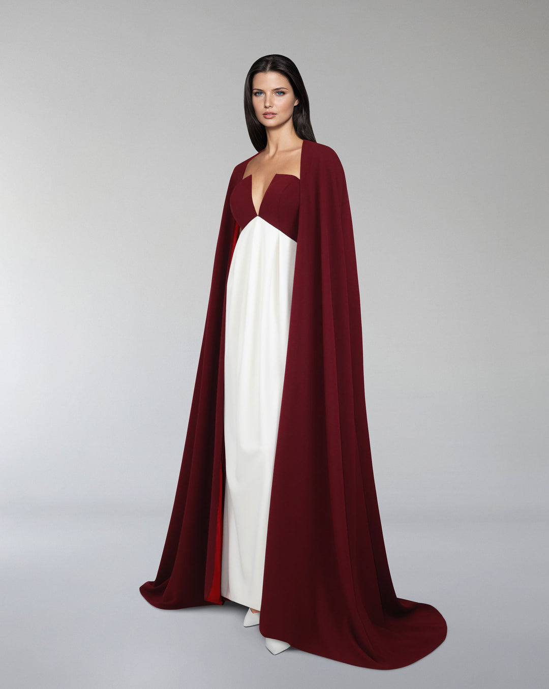 V neckline column dress with maxi cape