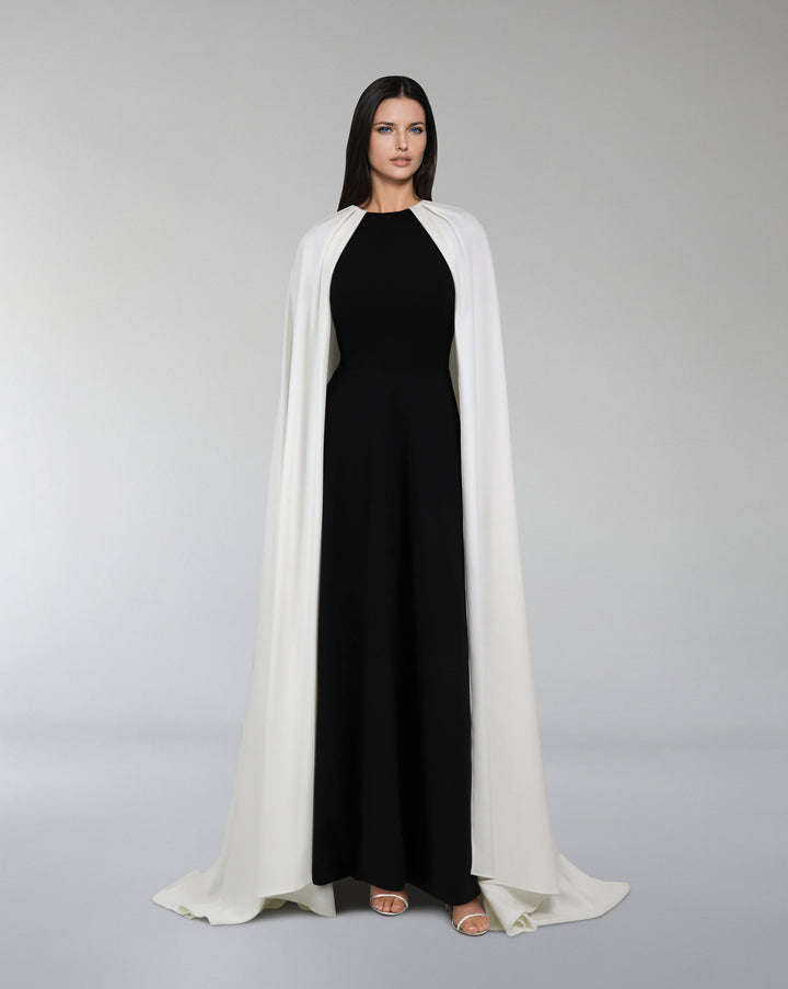 Black & white column dress with maxi cape - NOELLE