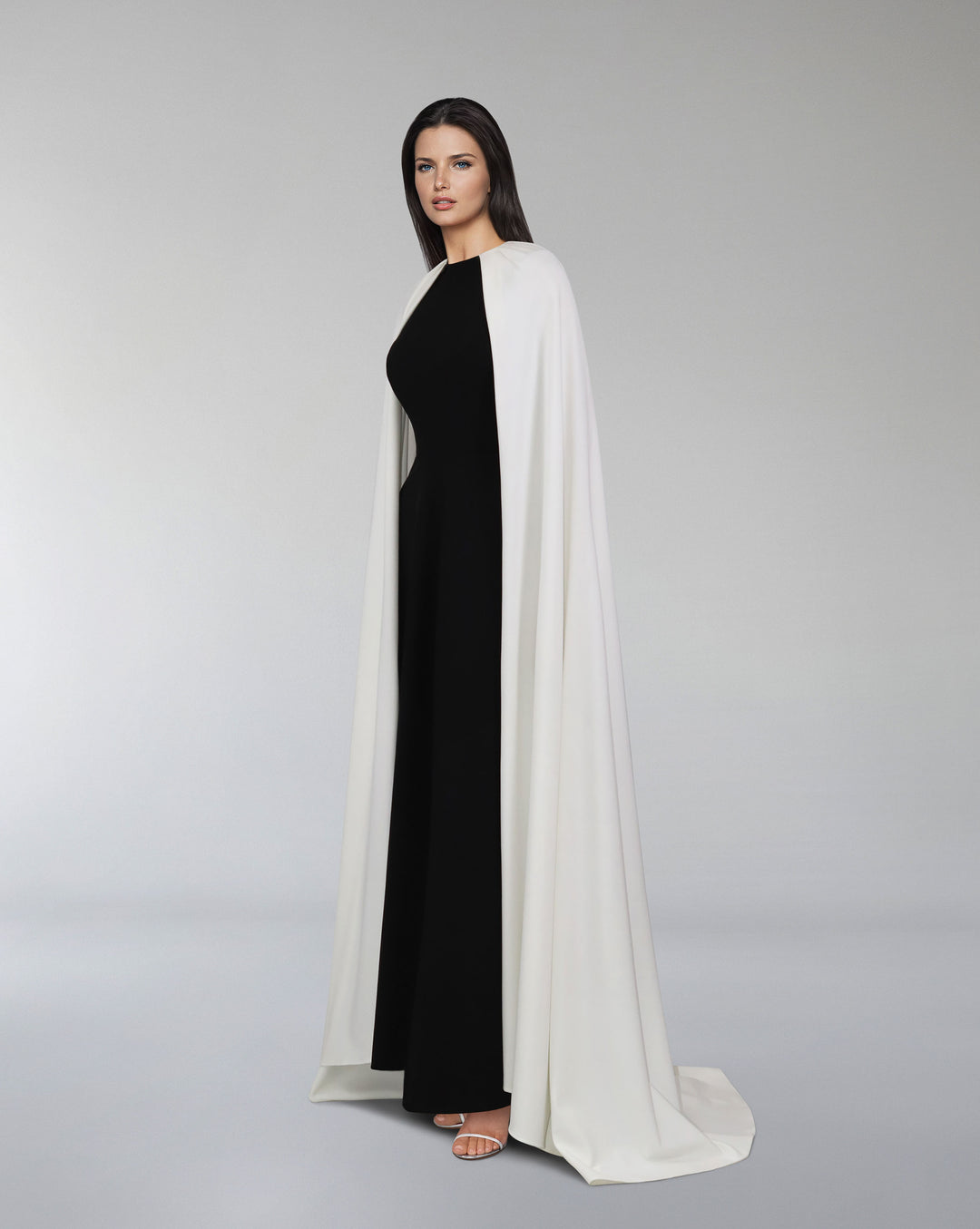 Black & white column dress with maxi cape - NOELLE