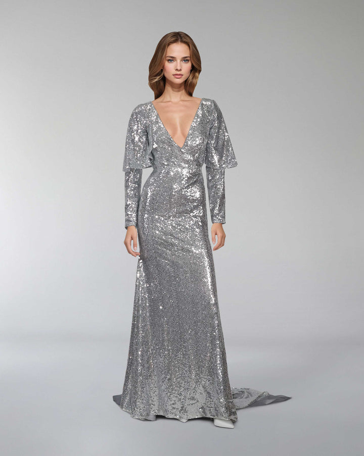 Sequined V-neckline dress with train - SAGE