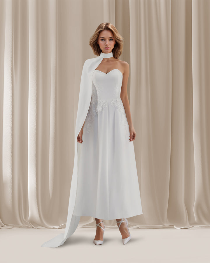 Strapless a line dress with one shoulder cape - Norjen