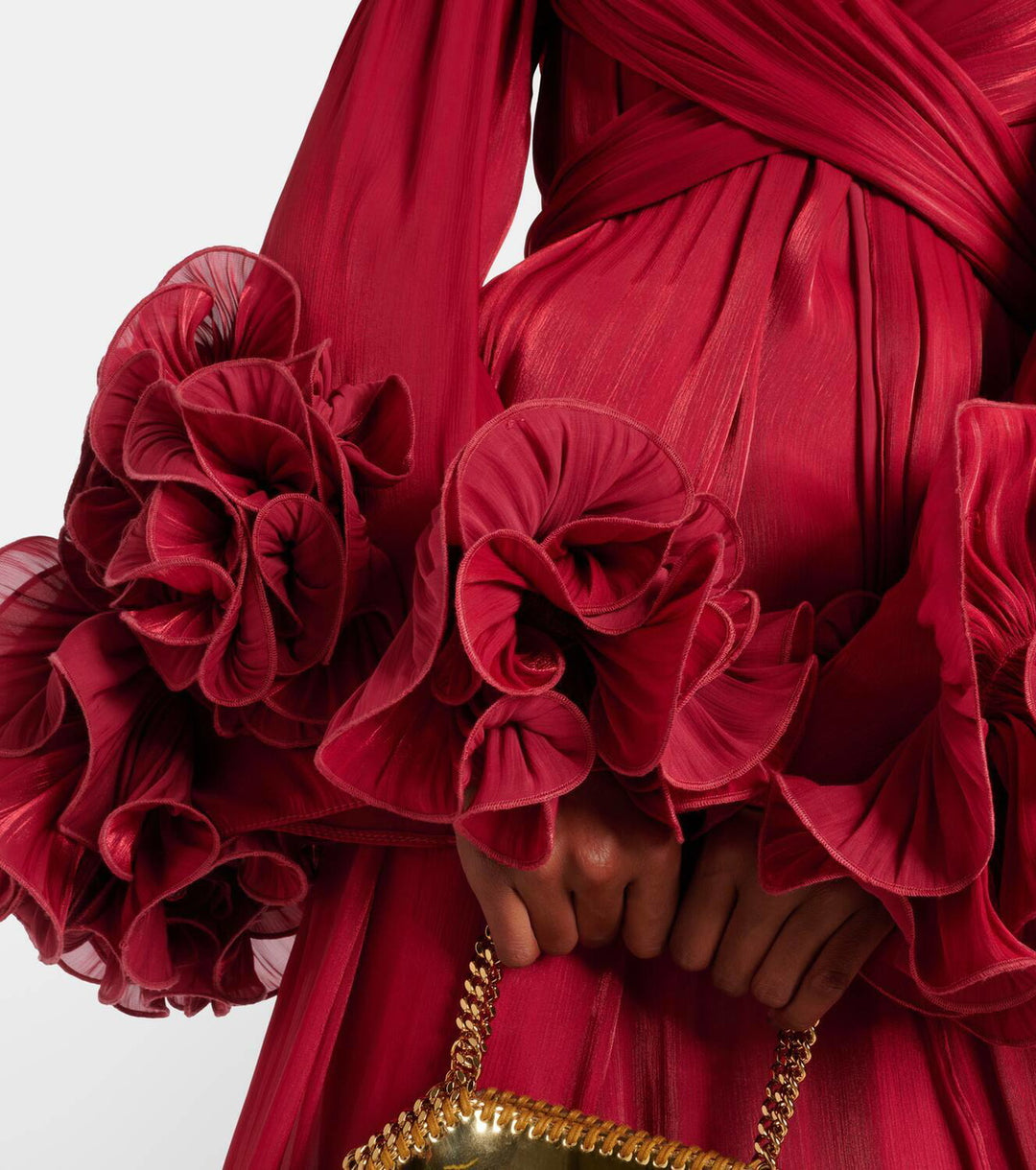 pleated chiffon midi dress with floral cuffs – FUCHSIA