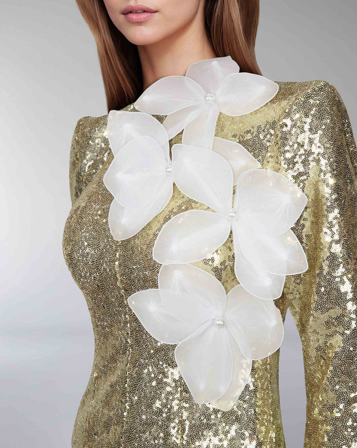 Sequined dress with 3D flowers and shoulder pads - SERAPHINE