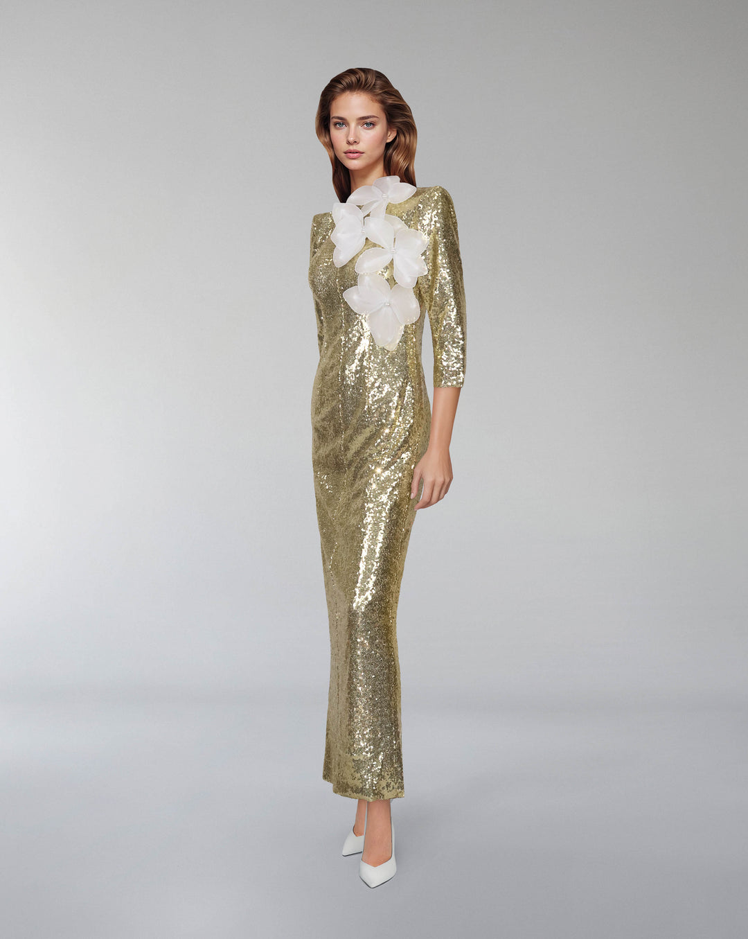 Sequined dress with 3D flowers and shoulder pads - SERAPHINE