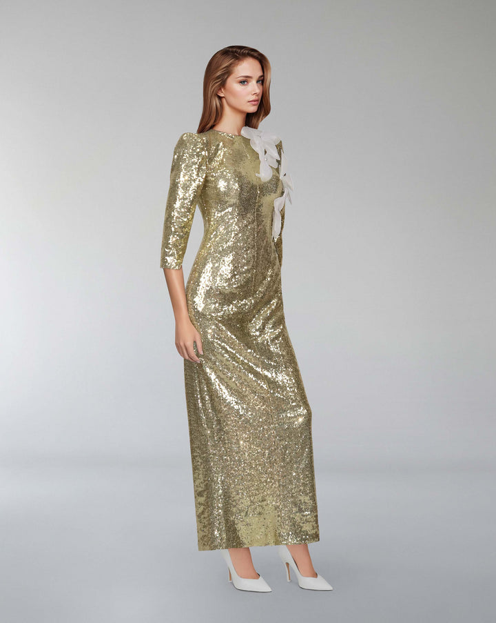 Sequined dress with 3D flowers and shoulder pads - SERAPHINE