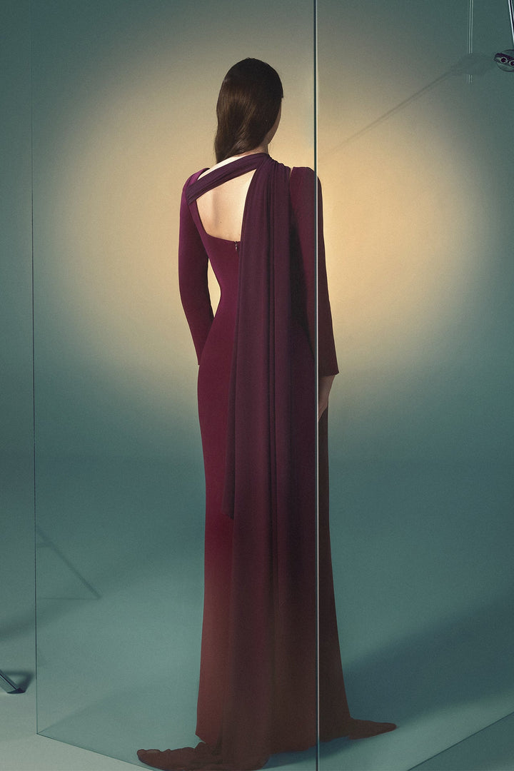 asymmetric cutout column gown with draped scarf – VELVETTA