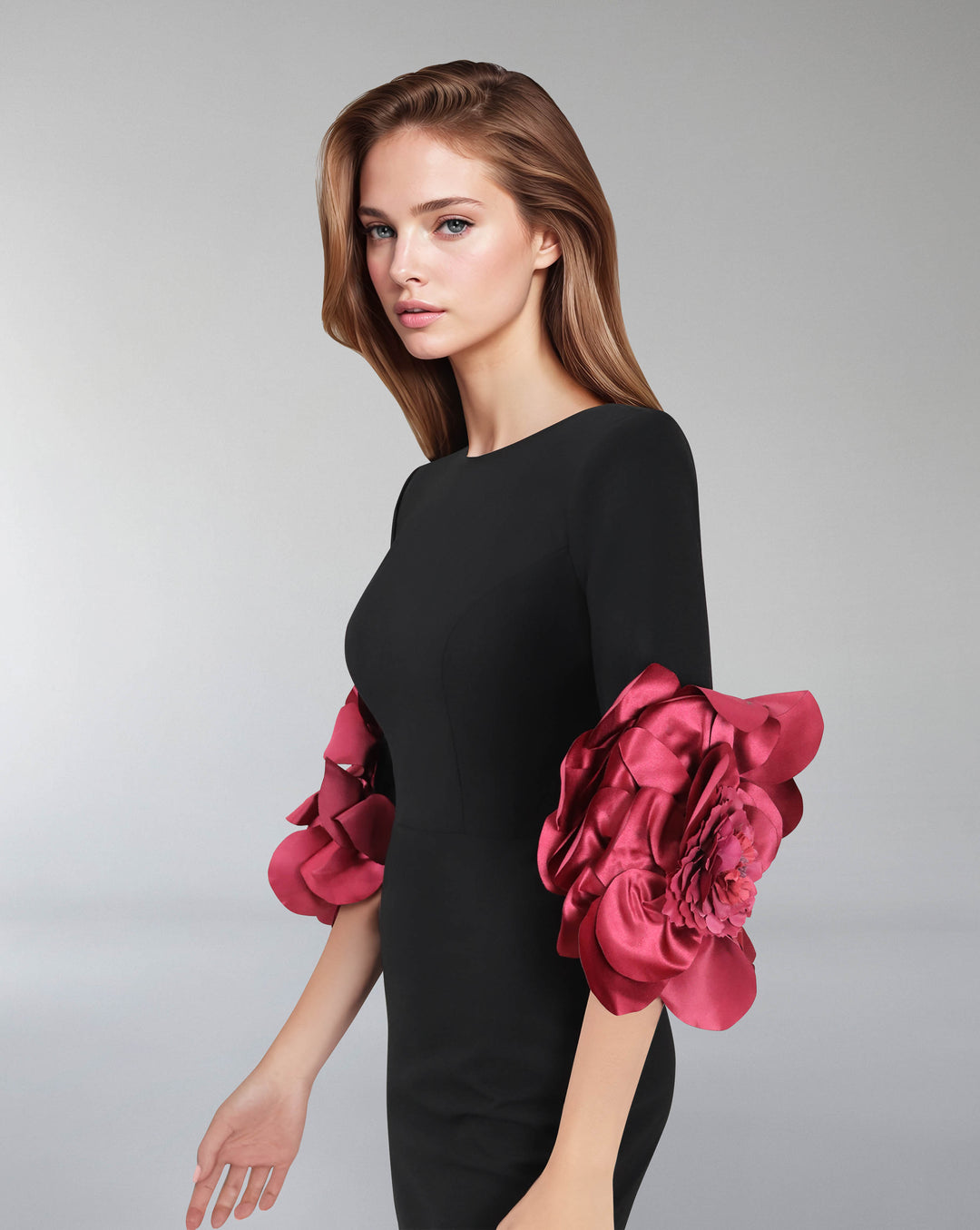 Black column dress with flowered sleeves - LIVIA