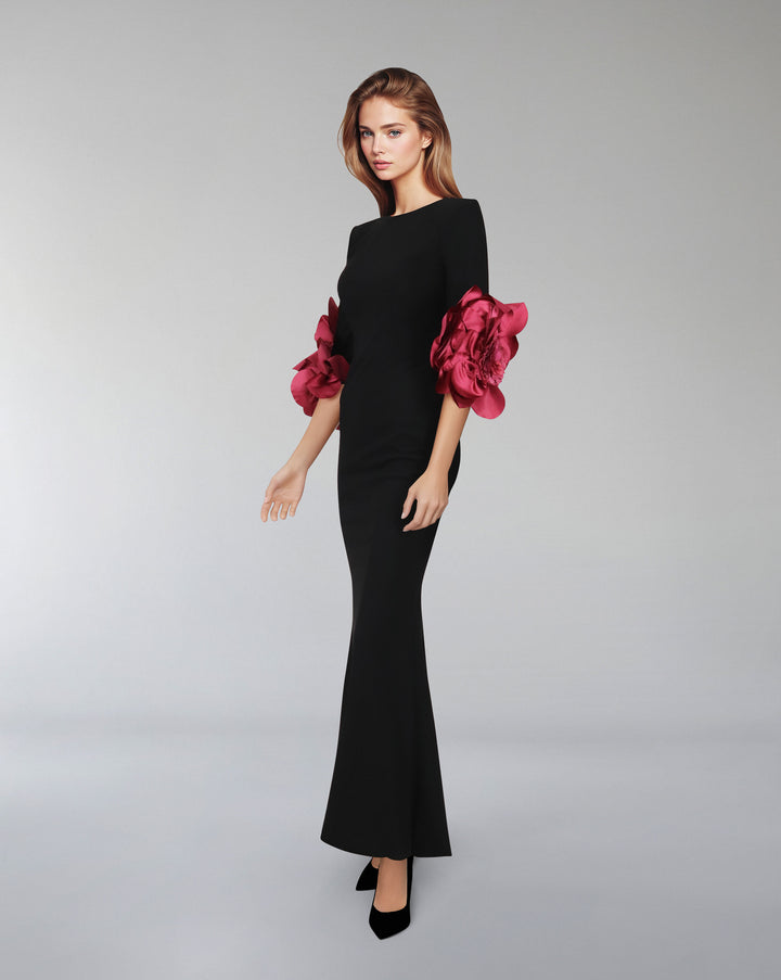 Black column dress with flowered sleeves - LIVIA