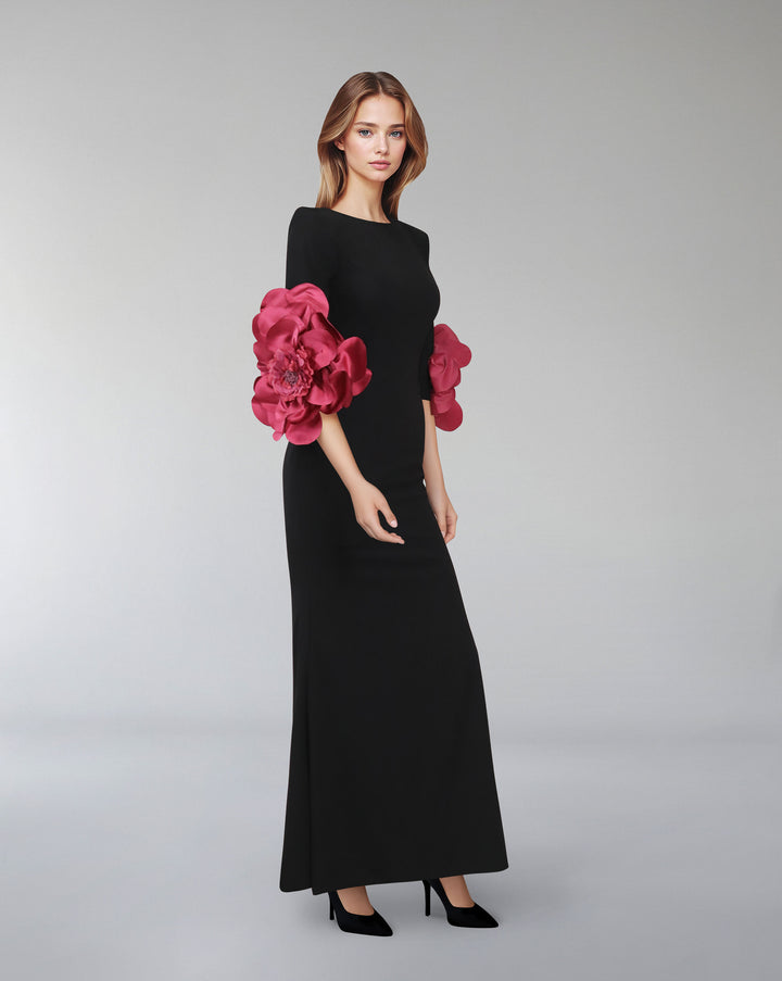 Black column dress with flowered sleeves - LIVIA