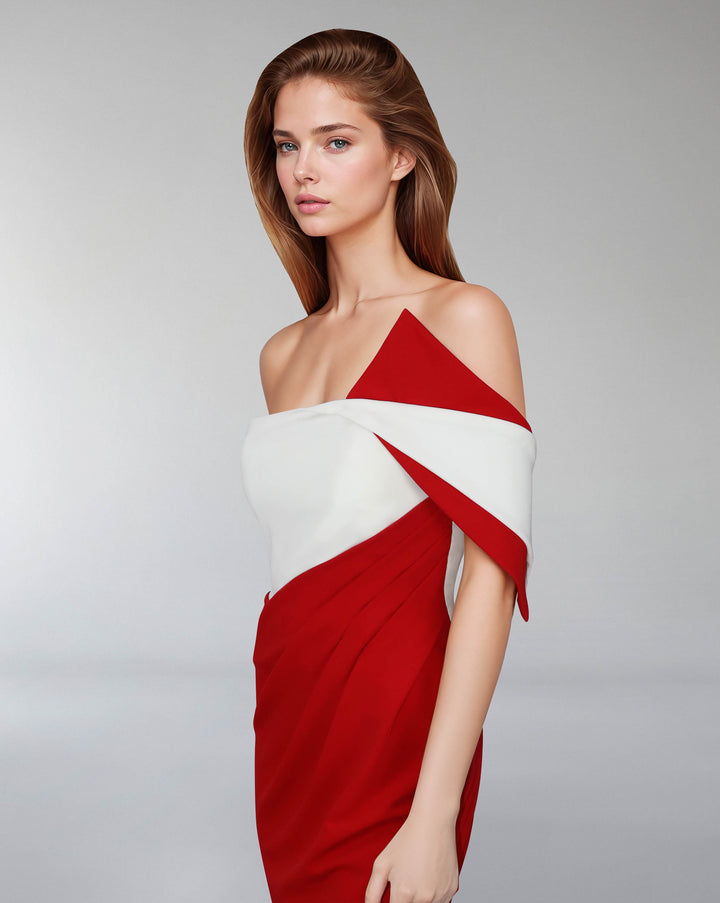 Geometrical neckline dress with draped skirt - CELESTE