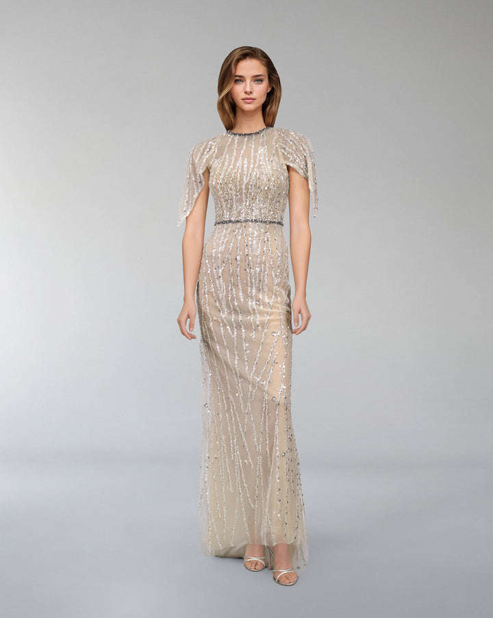 Sequined column dress with ruffled sleeves -  ARIA