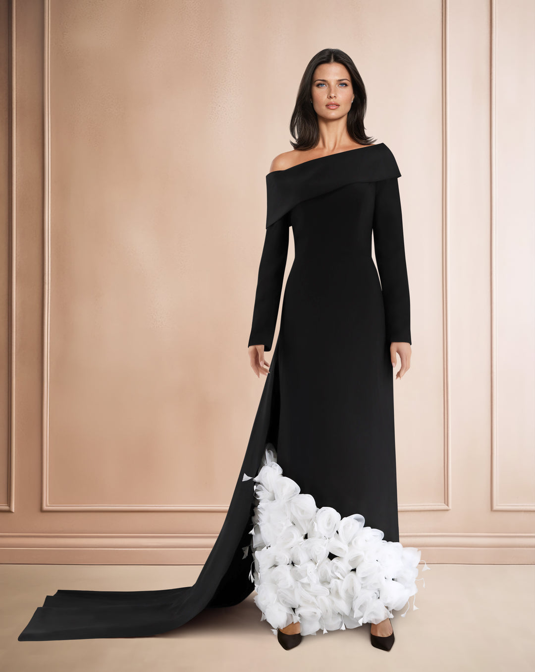 Long sleeved dress with asymmetrical shoulder and 3D flowers - Lonim