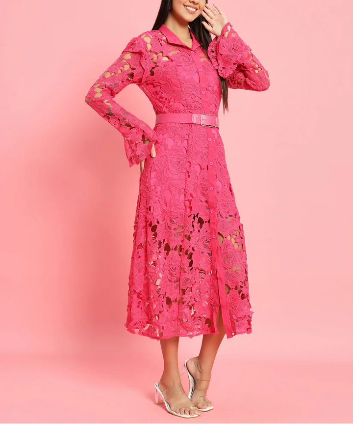 long-sleeve lace midi dress with ruffled shoulders – IVORIE