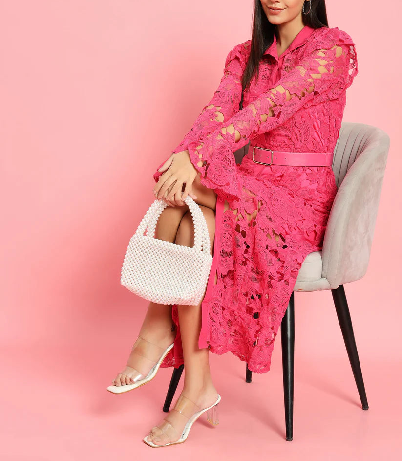 long-sleeve lace midi dress with ruffled shoulders – IVORIE