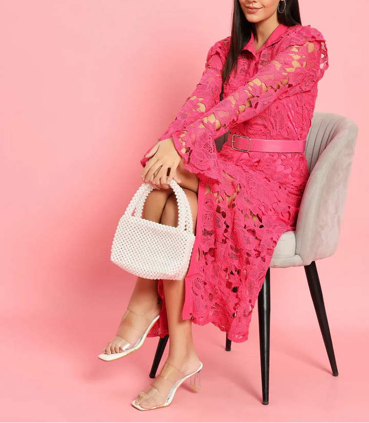 long-sleeve lace midi dress with ruffled shoulders – IVORIE