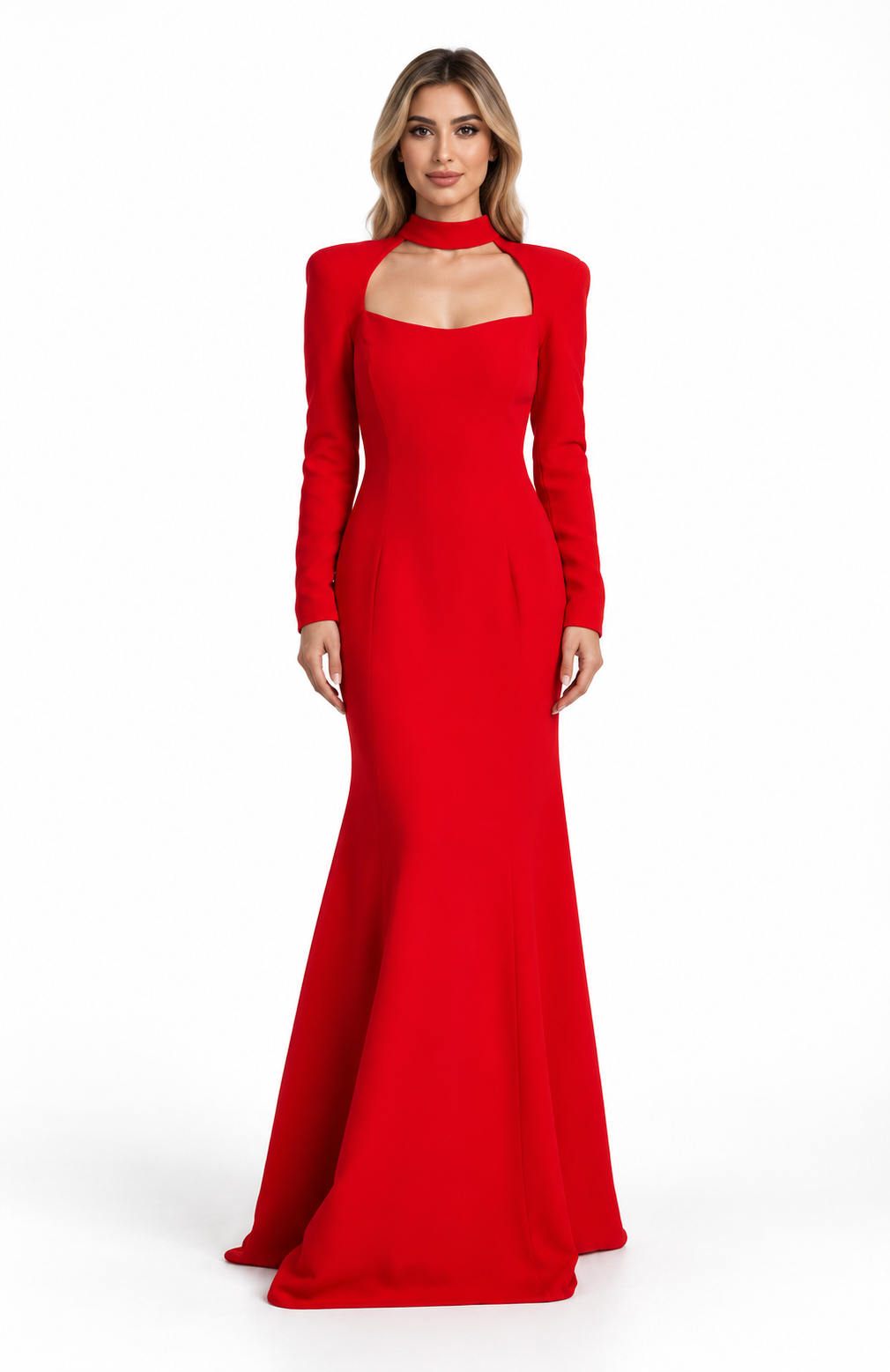 Cutout High-Neck Long Sleeve Evening Gown - Vespera