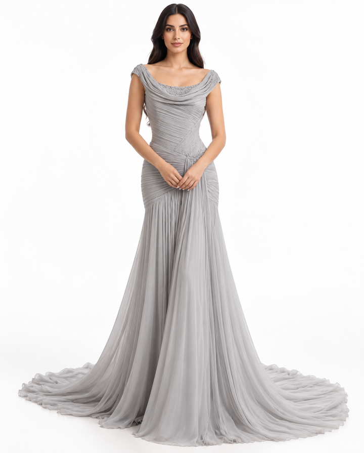 Draped Off-Shoulder Pleated Maxi Dress – Elowen
