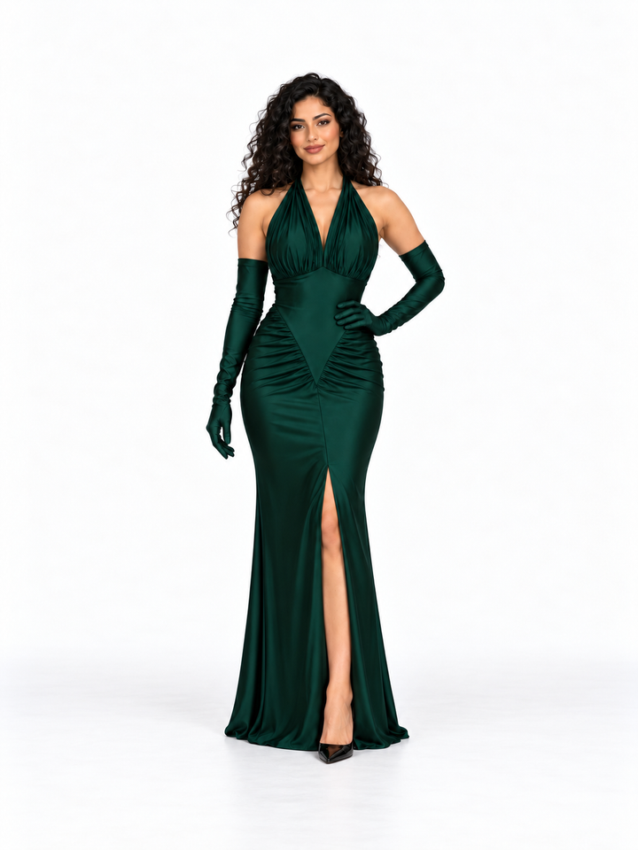 Halter Satin Gown with Draped Gloves and Front Slit - Ardelle