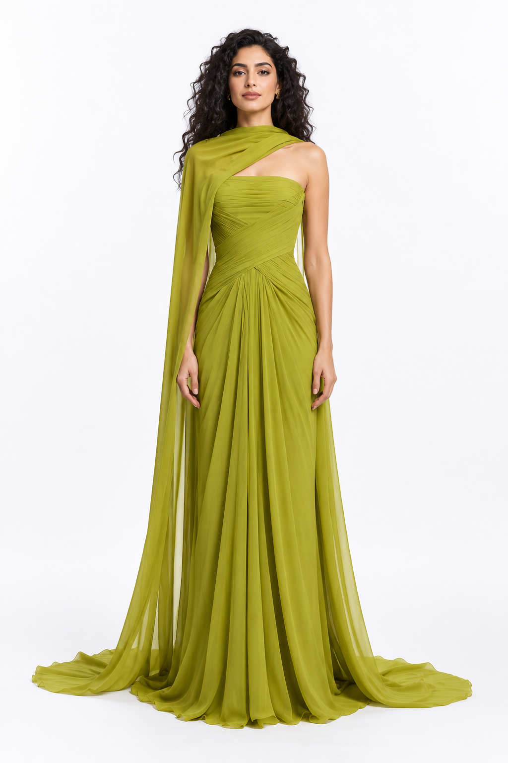 One-Shoulder Draped Cape Evening Gown - Verdant