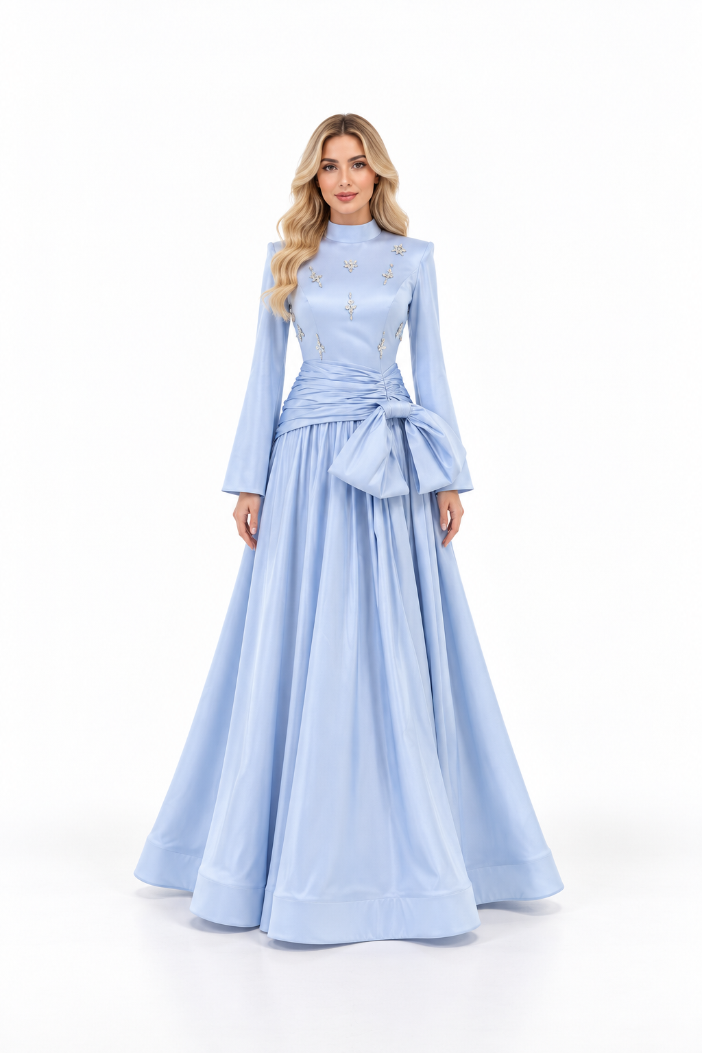 High-Neck Draped Bow Gown with Embellished Bodice - Celmira