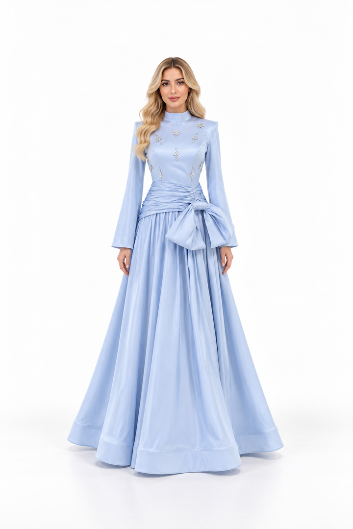High-Neck Draped Bow Gown with Embellished Bodice - Celmira