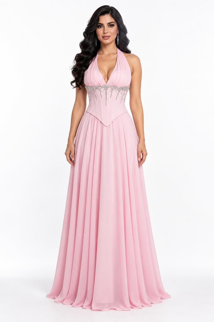 Halter Chiffon Gown with Crystal Corset Waist - Evelisse