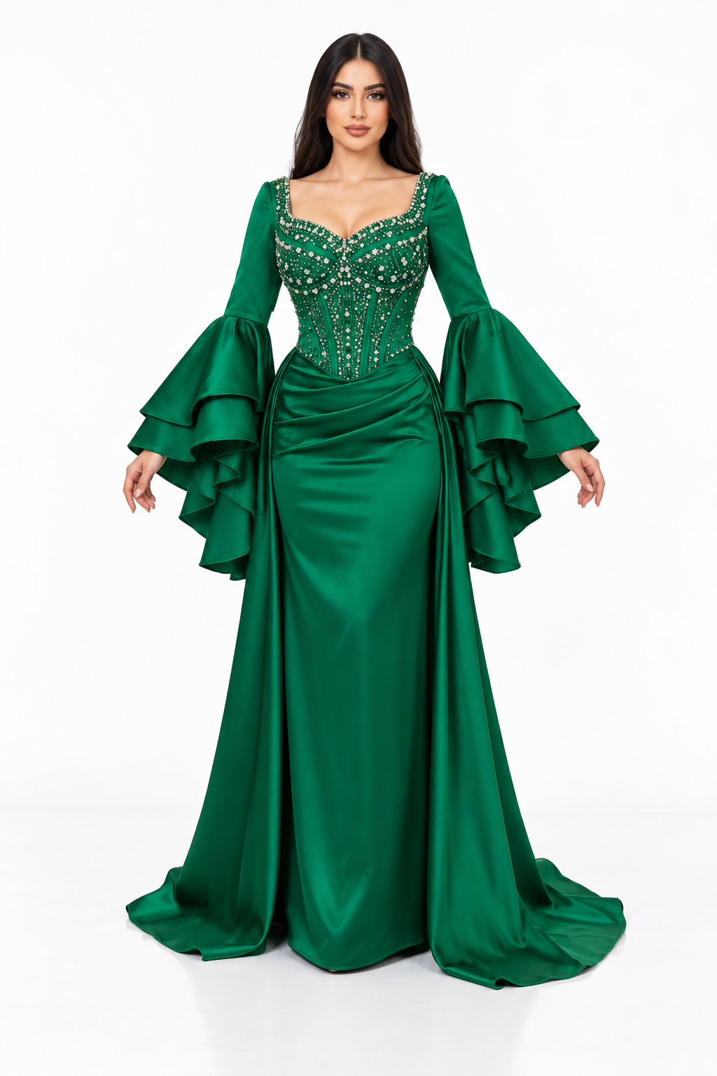 Embellished Corset Bell Sleeve Satin Maxi Dress – Evelisse