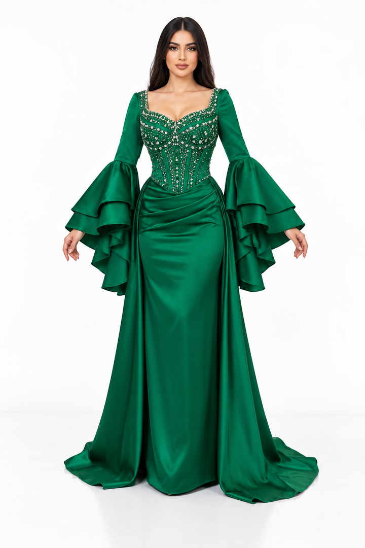 Embellished Corset Bell Sleeve Satin Maxi Dress – Evelisse