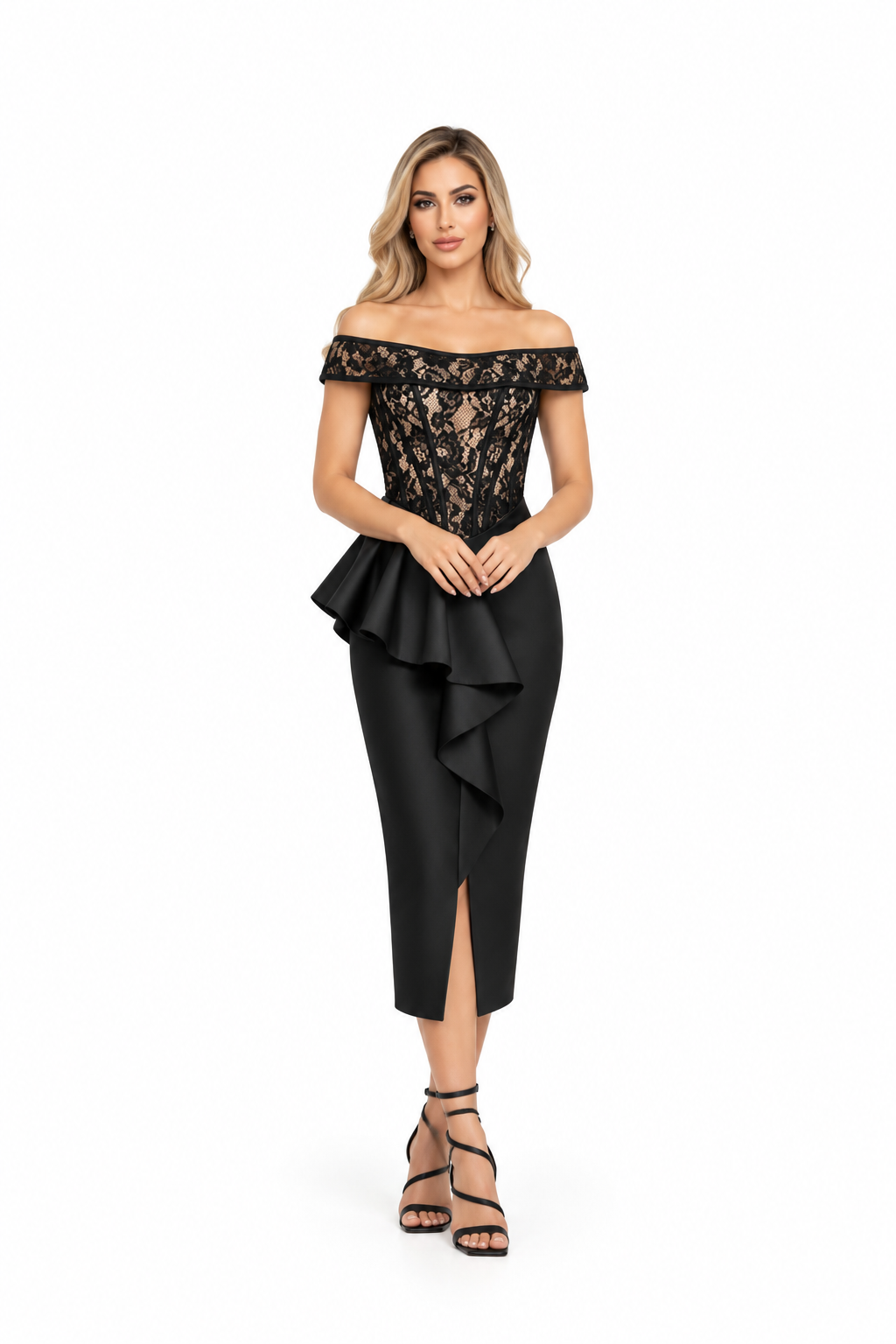 Lace Corset Peplum Midi Dress - Veloura