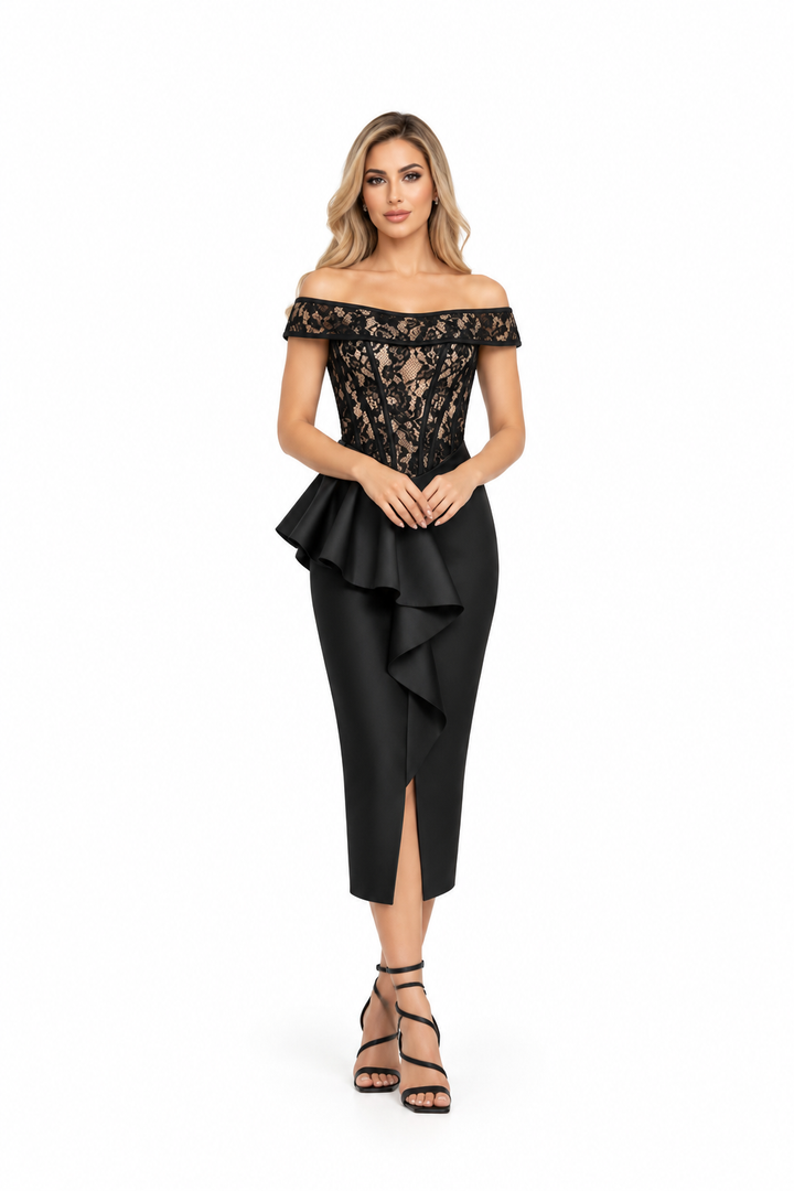 Lace Corset Peplum Midi Dress - Veloura