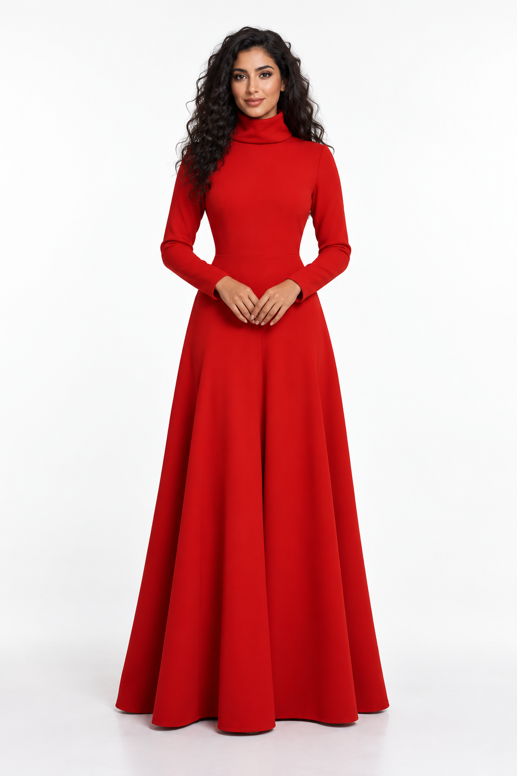 High-Neck Long Sleeve A-Line Evening Gown - Scarlet