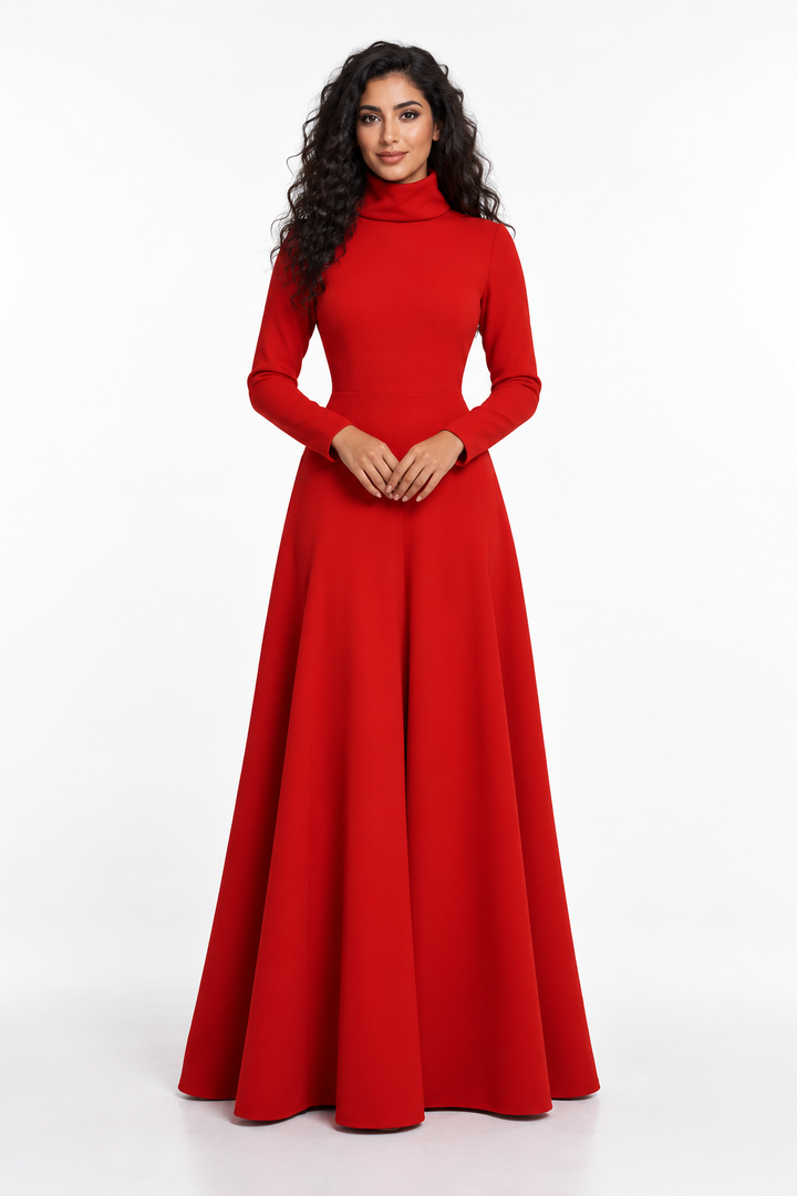 High-Neck Long Sleeve A-Line Evening Gown - Scarlet