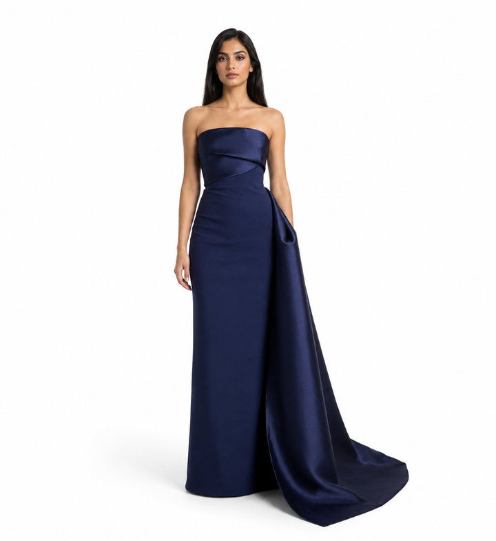 Strapless Satin Draped Train Maxi Dress – NAVELLA